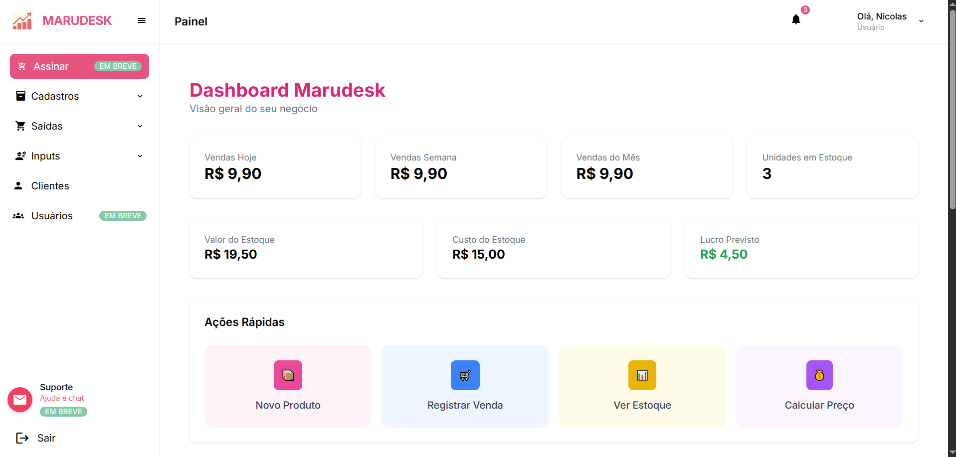 Tela do sistema Marudesk com indicadores de custos e gestáo